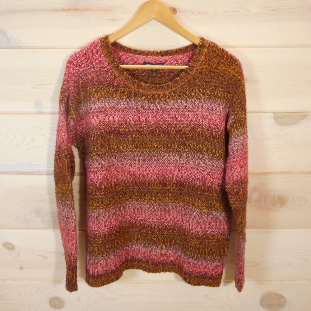 American Eagle Women’s Size S Striped Pullover Sweater Maroon Gold Pink